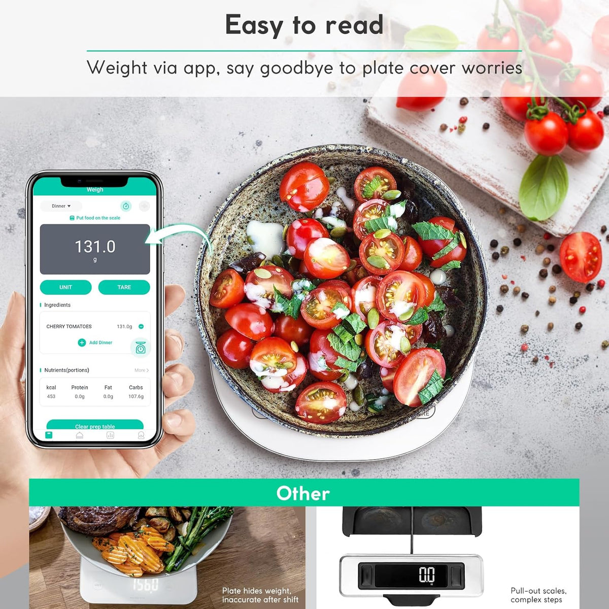 Digital Kitchen Scales, Weighing Scales Kitchen, Scales Kitchen with Nutrition Calculator, Smart Kitchen Scales with Tare Function, USB Rechargeable, 10Kg/22Lb, White