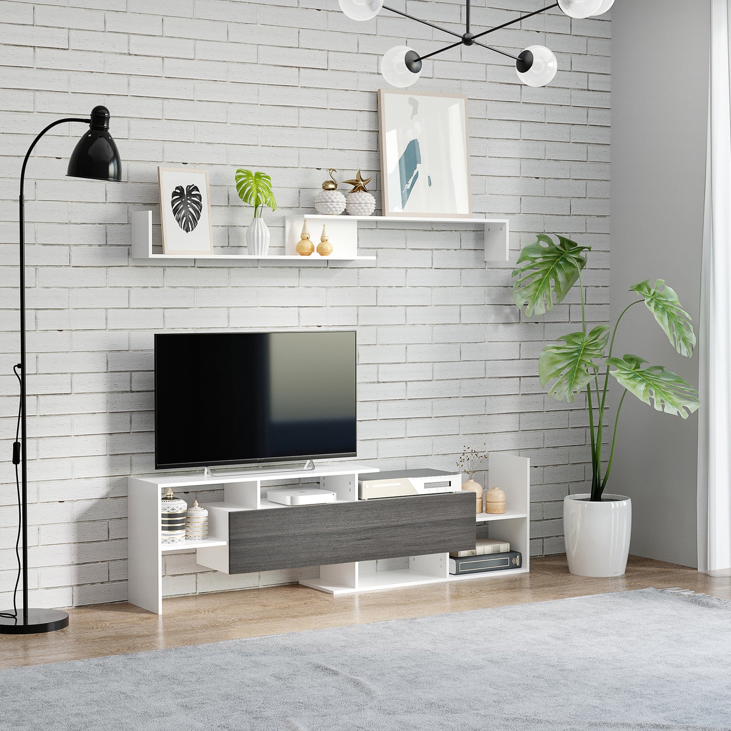 TV Cabinet W/ Wall Shelf and Storage Cabinet for Living Room