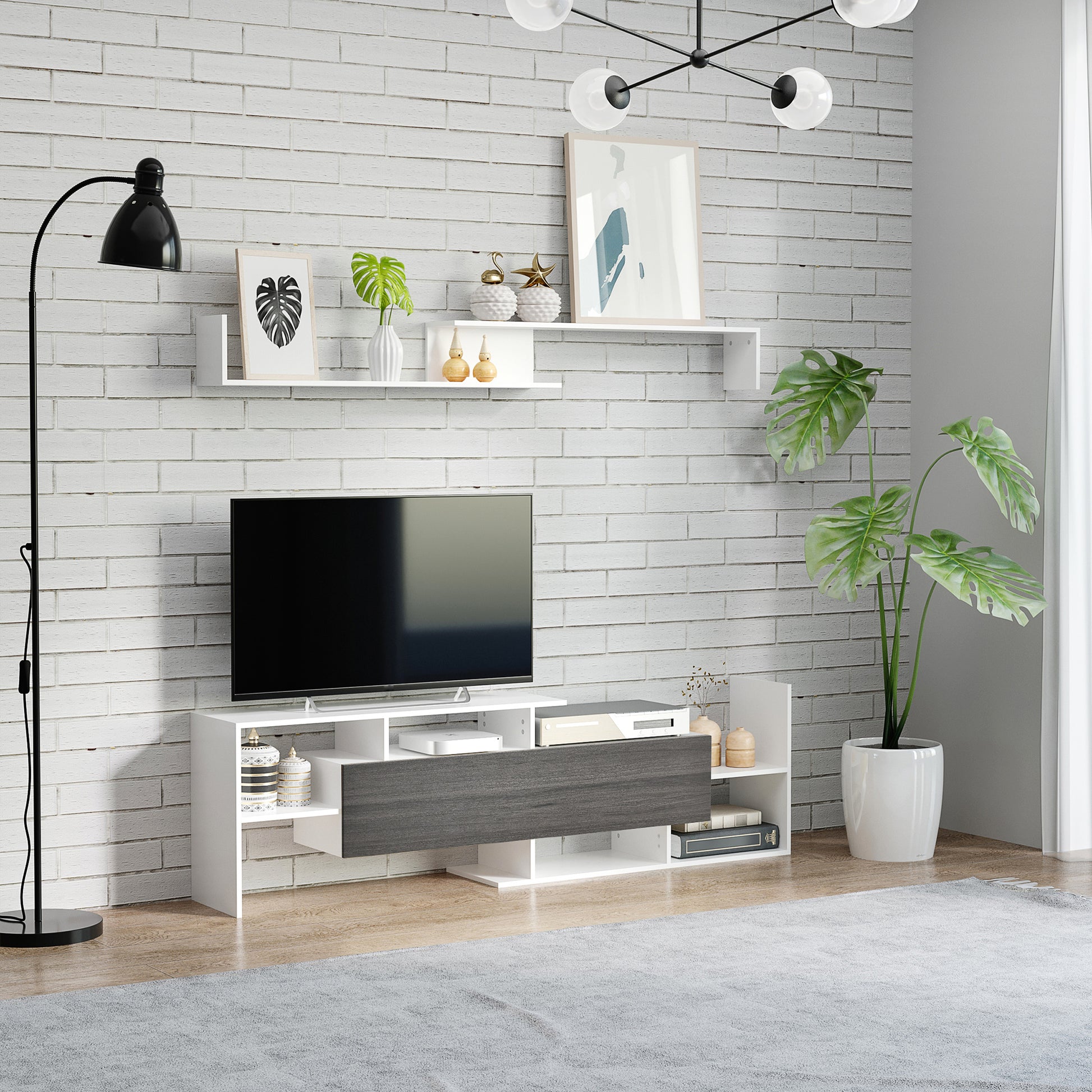 TV Cabinet W/ Wall Shelf and Storage Cabinet for Living Room