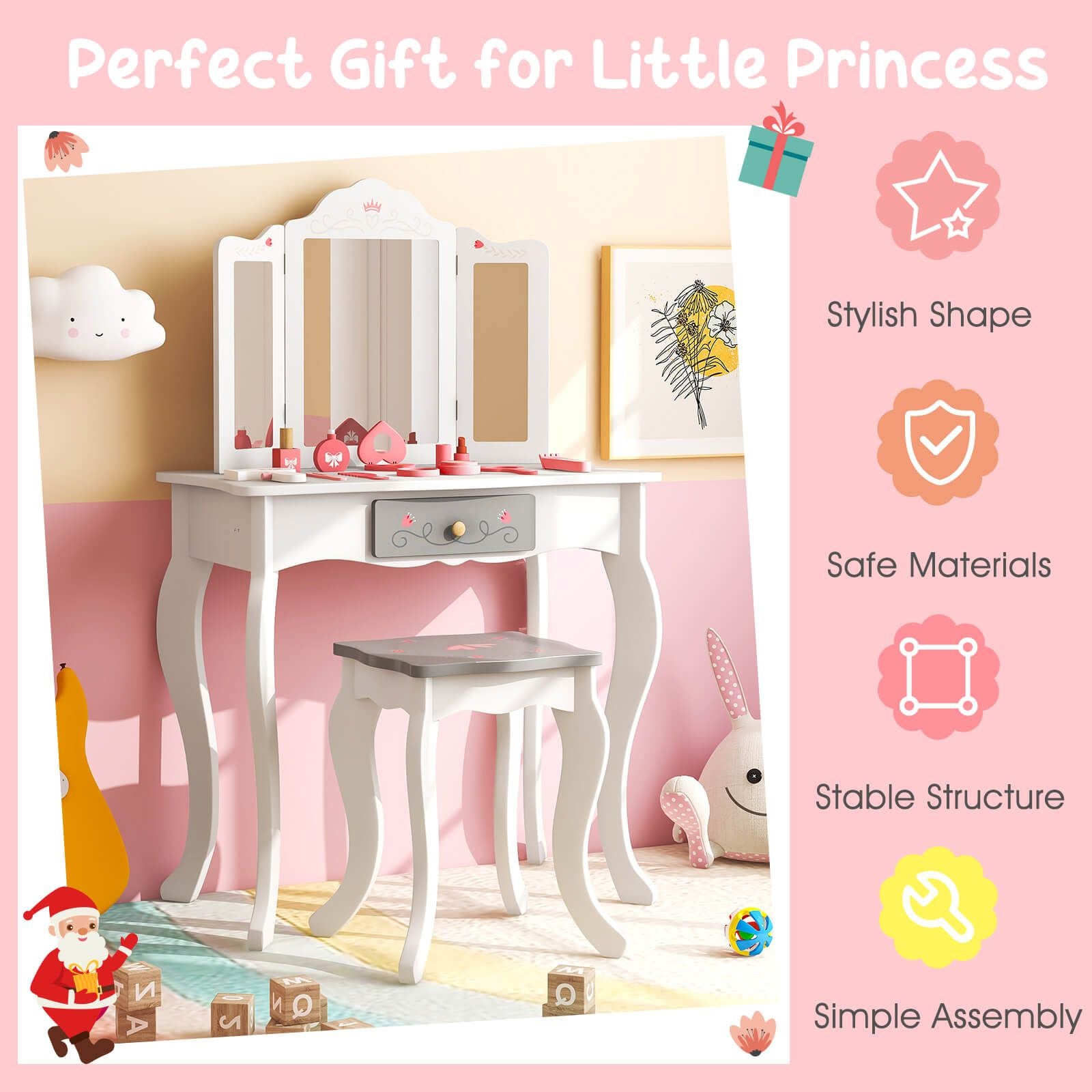 Kids Vanity Table and Stool with Detachable Tri-Fold Mirror and Cute Accessories