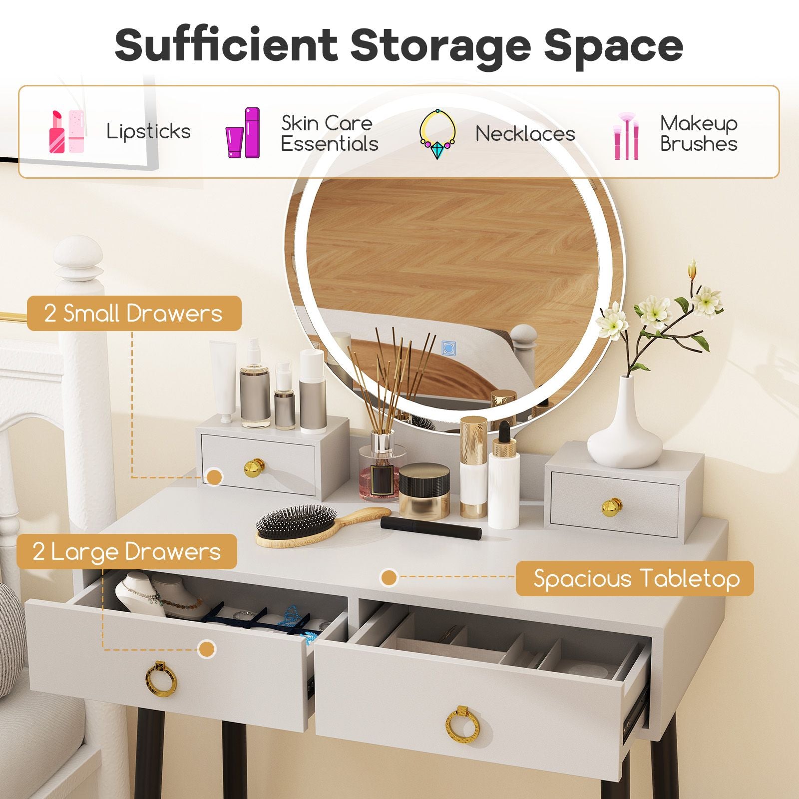 Makeup Vanity Desk with Lighted Mirror for Bedroom