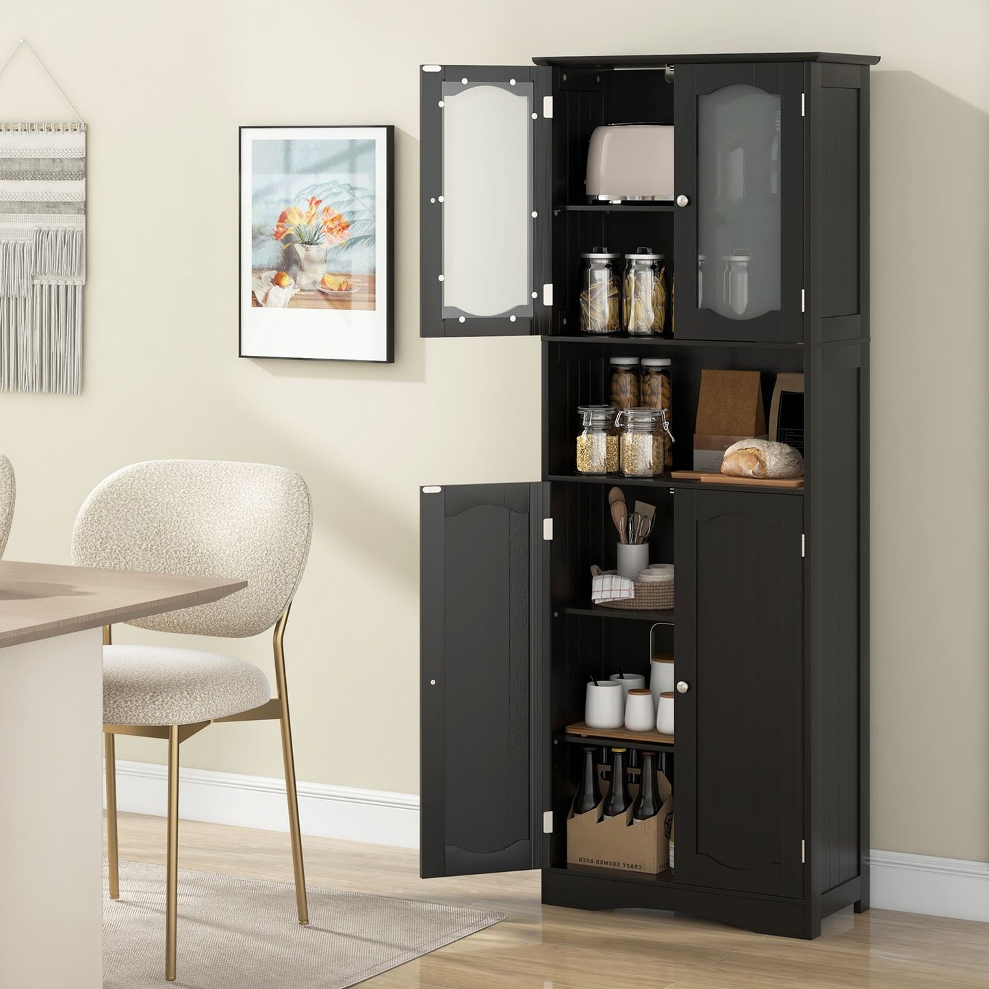 Tempered Glass Door Pantry Cabinet with 3-Position Adjustable Shelves