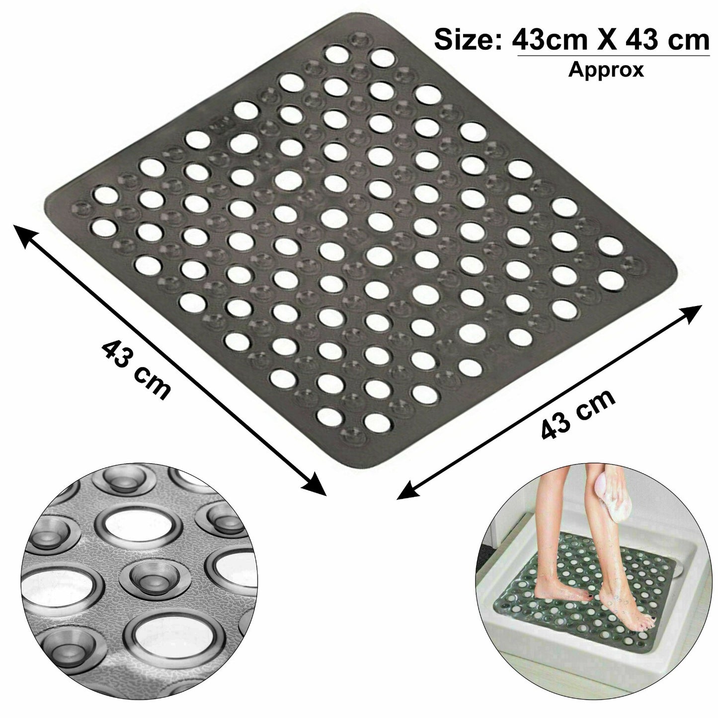 Bath Shower Mat Non Slip PVC Bathroom Rubber anti Slip Suction Square 43 X 43 Cm