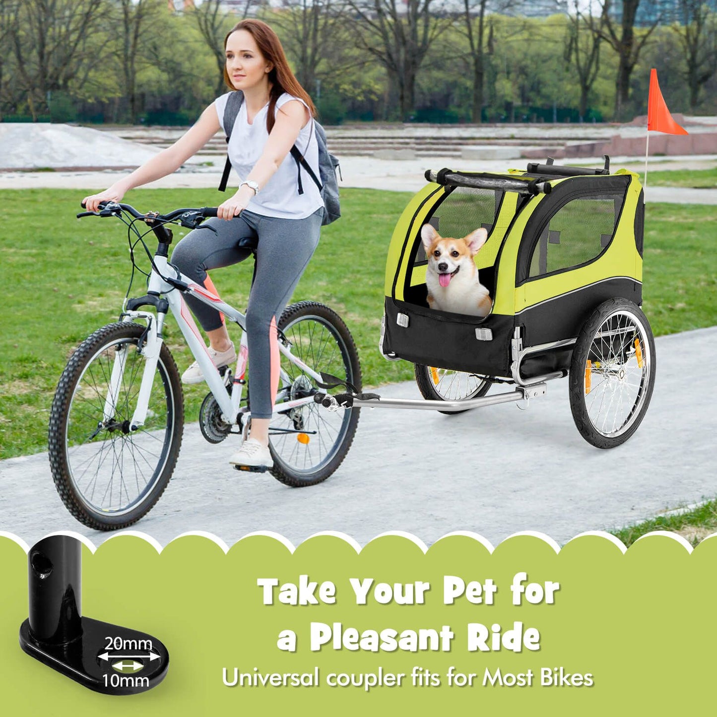 Folding Pet Bike Trailer with 3 Zippered Doors and 8 Reflectors